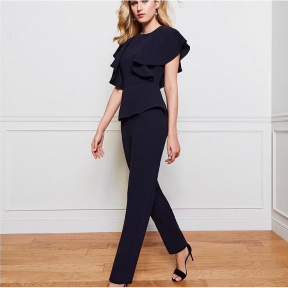 Antonio Melani Navy Blue Straight Leg Ruffle Jumpsuit Size 12